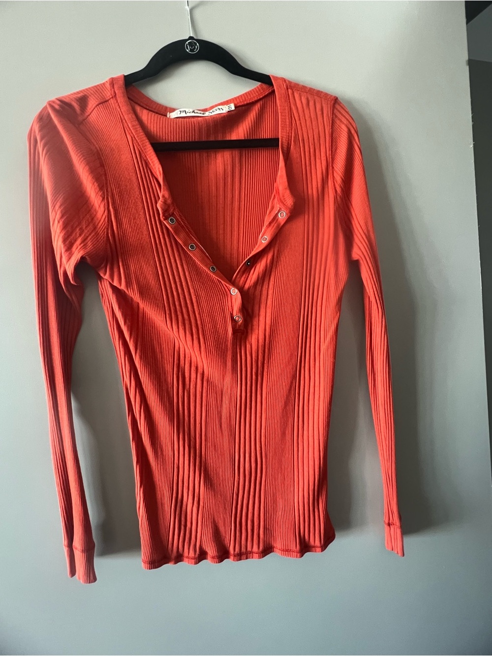 Michael Stars Ribbed Snap-Henley Long Sleeve Top - Coral Orange